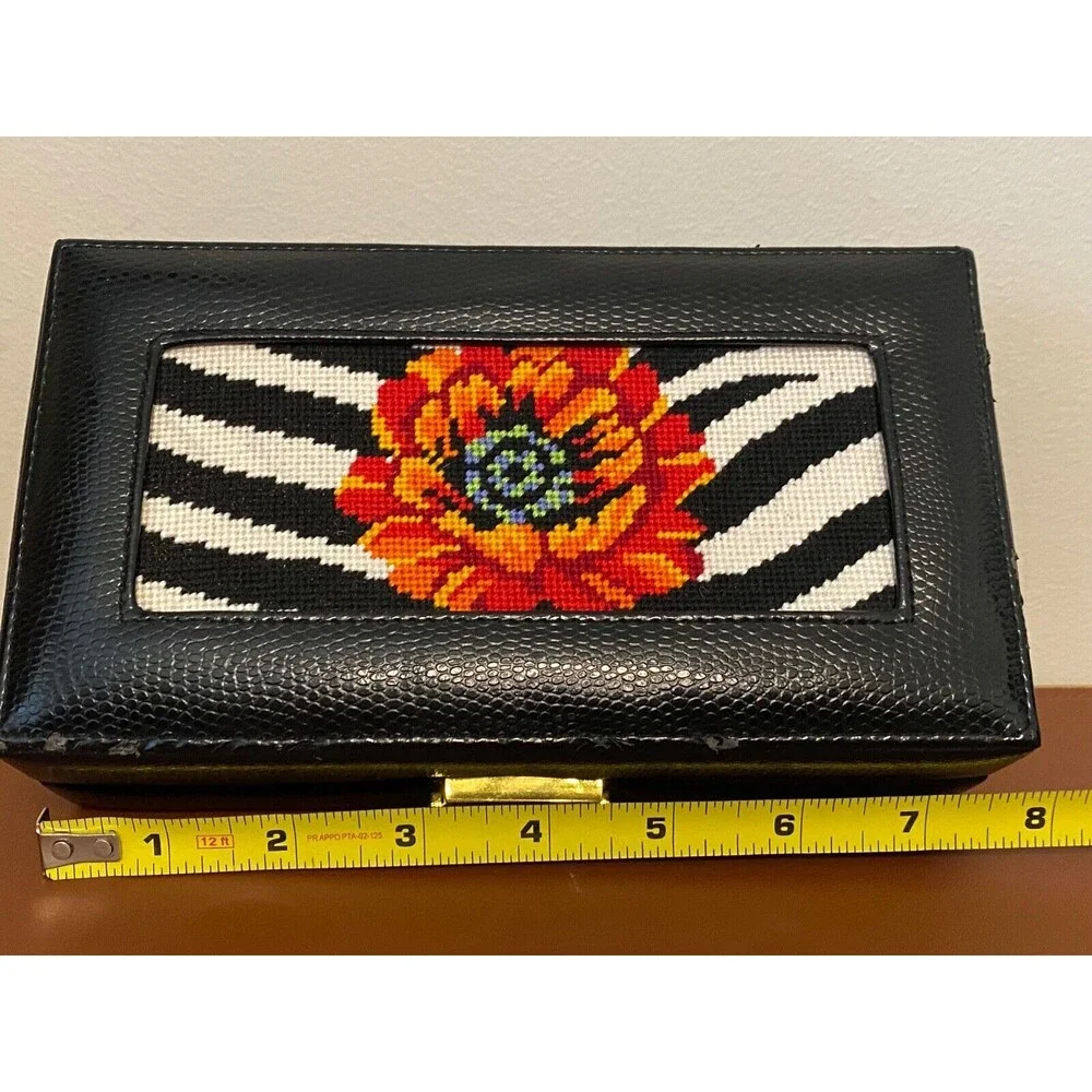 Vtg Floral Needlepoint Locking JEWELRY BOX Hand Stitched Black Zebra Small Lined